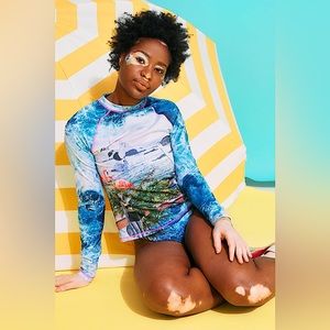 COPY - 2Pc-TEREZ OCEAN COLLAGE SWIM TOP & SWIM SUIT- -Size Small